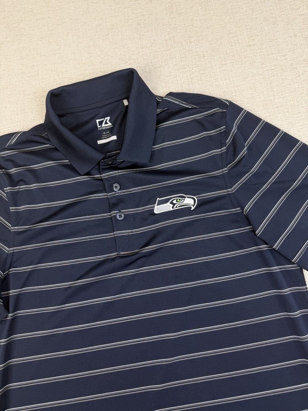 Cutter & Buck Seattle Seahawks Polo Shirt Men’s Medium Navy Stripe CB DryTec